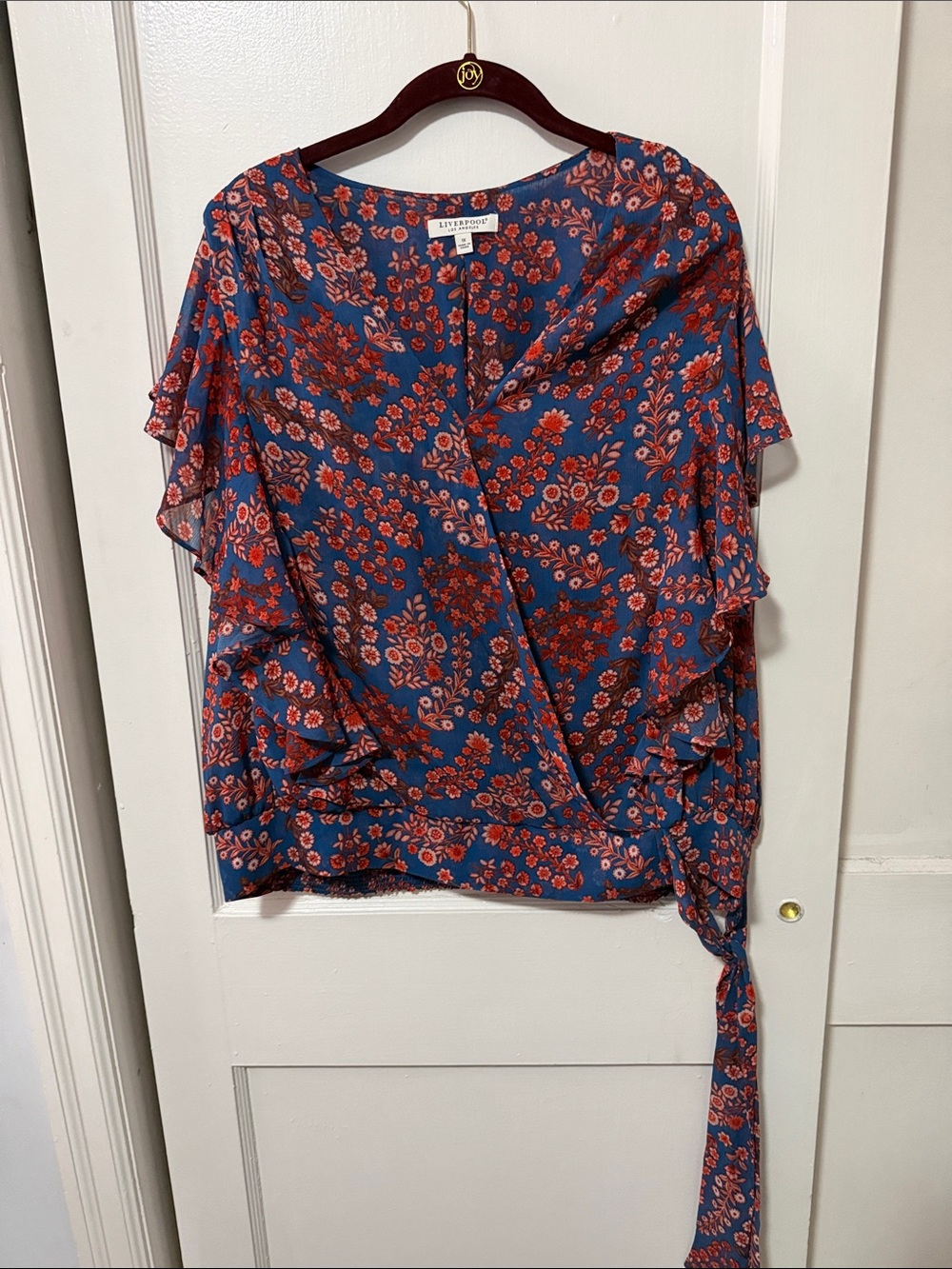 Liverpool Blue Wrap Blouse with Red Floral Print